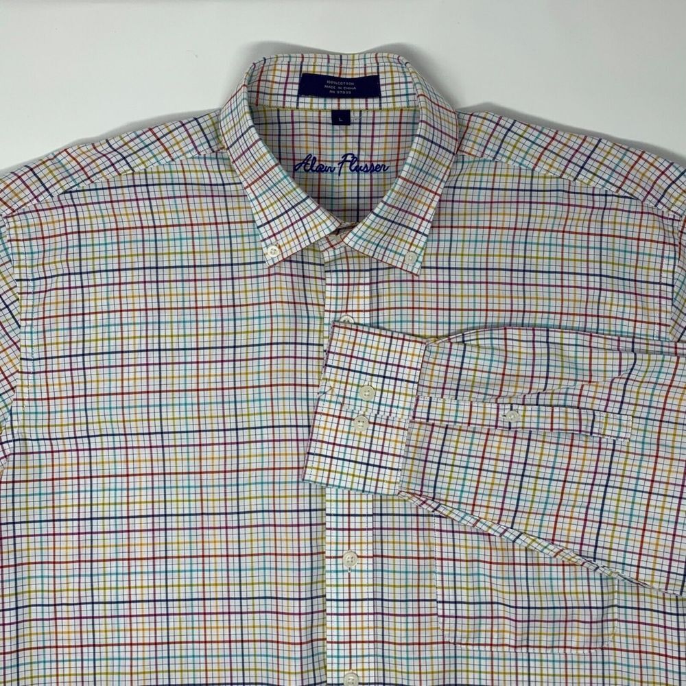 Alan Flusser Cotton Multi Color‎ Plaid Men's Long Sleeve Shirt Size Large